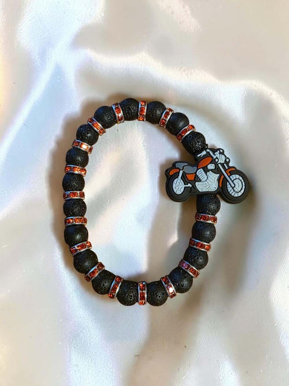 Motorcycle Lava Stone Stretch Bracelet With Red Rhinestones
